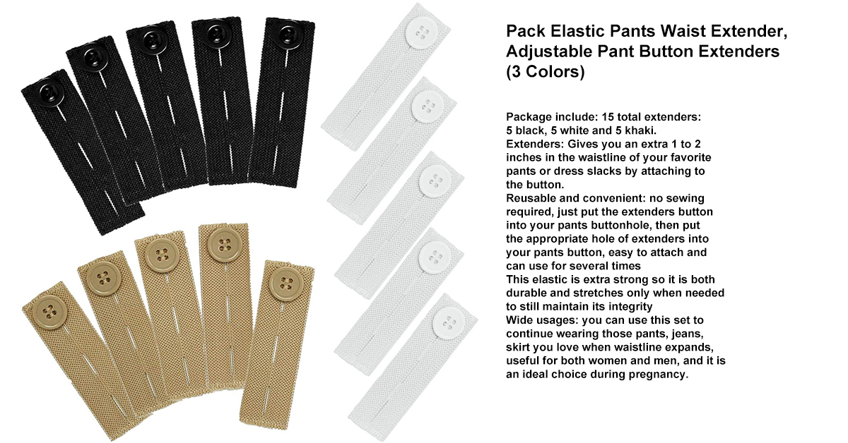 15 Pack Elastic Pants Waist Extender, Adjustable Pant Button Extenders (3 Colors).jpg